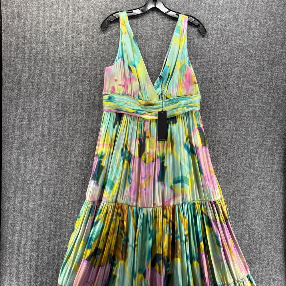 Kobi Halperin Dress Womens 10 Floral Britt Tiered Metallic Satin Maxi Event Gown